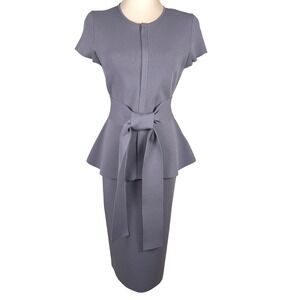 Scanlan Theodore Crepe Knit Top Skirt Belt 3 Pc Set M Grey Peplum Midi Suit